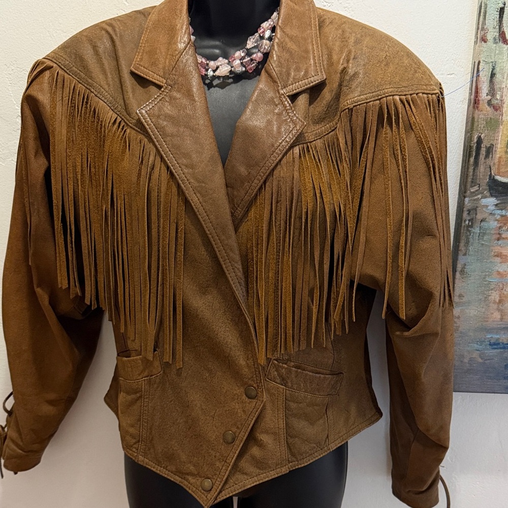 VINTAGE WINLIT BROWN Leather Fringe Women's Jacket MED